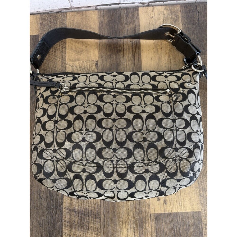 Coach Signature C Canvas Leather Shoulder Bag Hobo Black Gray Purse F13116